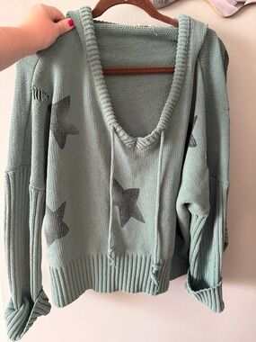 POL Sage Green V-Neck Star Knit Hoodie Sweater